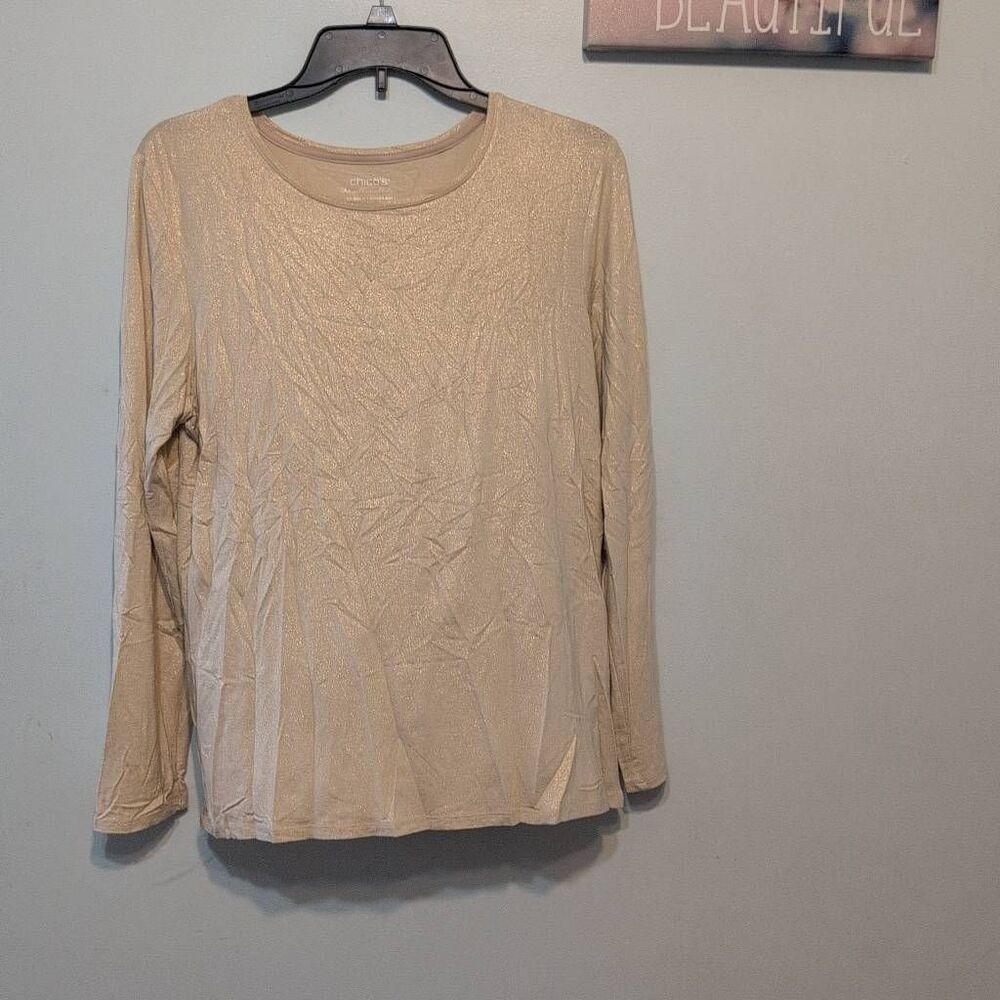 Chico's Gold Shimmer Long Sleeve Shirt Crew Neck Size Medium Chico's Size 1